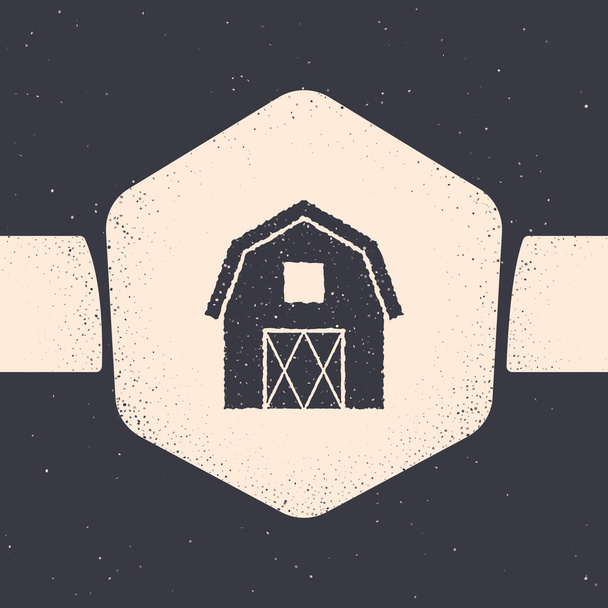 Grunge Farm, ikona konceptu izolovaná na šedém pozadí. Venkovská zemědělská krajina. Monochromatický výkres. Vektorová ilustrace - Vektor, obrázek