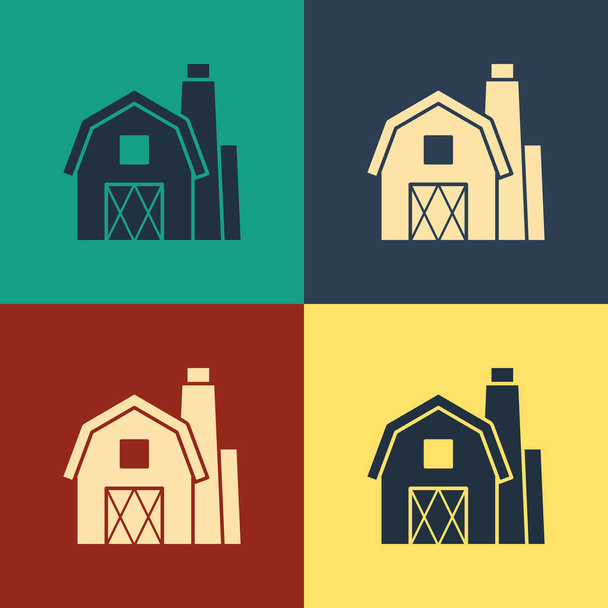Ikona pro barevnou farmu House je izolovaná na barevném pozadí. Venkovská zemědělská krajina. Kresba stylu. Vektorová ilustrace - Vektor, obrázek