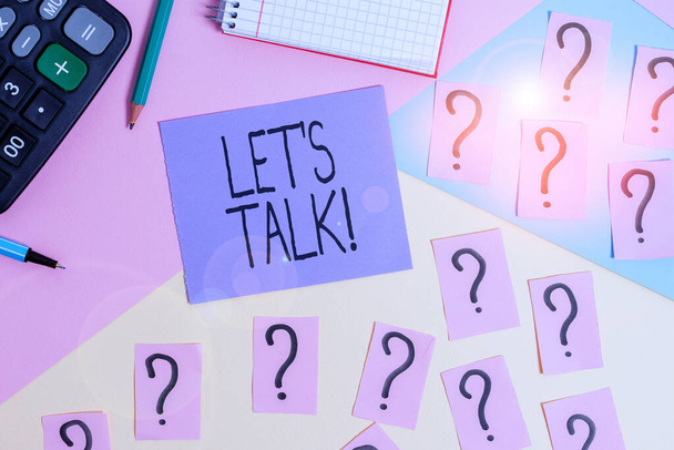 Conceptual hand writing showing Let S Is Talk. Business photo showcasing suggesting in the beginning of a conversation on the topic Mathematics stuff and writing equipment on pastel background. - Photo, Image