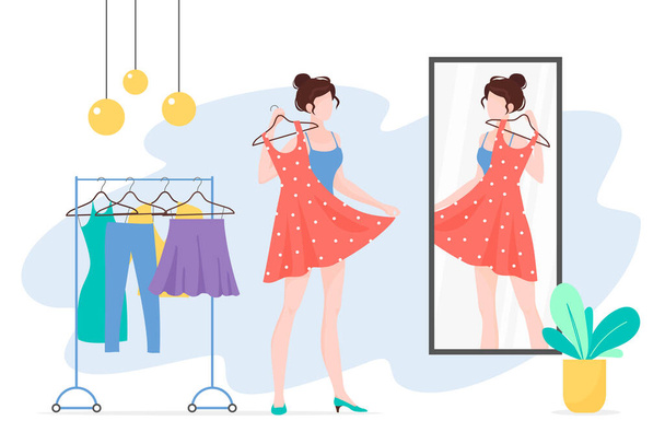 Woman choosing clothes mirror flat vector illustration - Vector, Image
