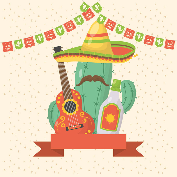 Празднование в Мексике с кактусом и шляпой
 - Вектор,изображение