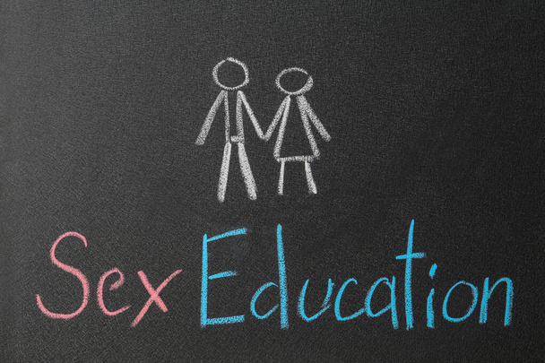 Phrase "SEX EDUCATION" written on black chalkboard - Zdjęcie, obraz