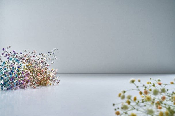 Sprigs of natural flowers in delicate shades on a gray background - Fotó, kép