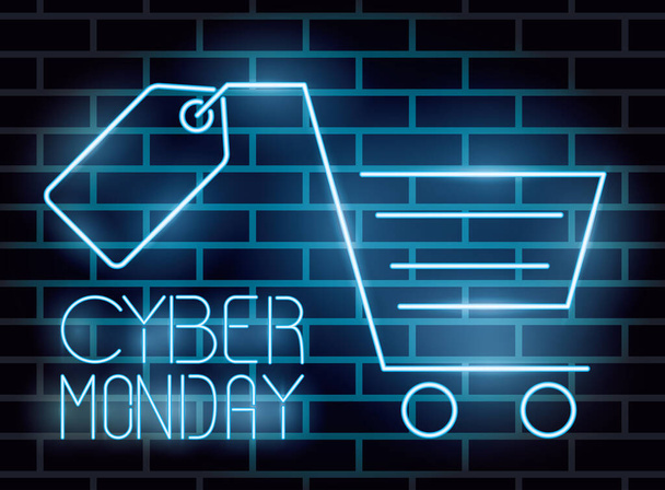 cyber monday lettering neon label with shopping cart - Vektor, obrázek