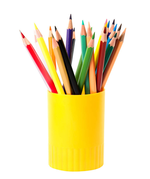 Holder with color pencils on white background - Foto, afbeelding