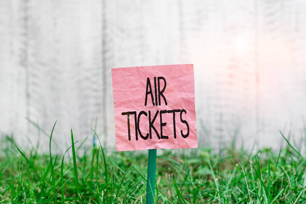 Conceptual hand writing showing Air Tickets. Business photo text individual is entitled to a seat on a flight on an aircraft Plain paper attached to stick and placed in the grassy land. - Photo, Image