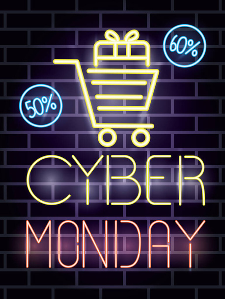 cyber maanantai lettering neon etiketti ostoskorilla
 - Vektori, kuva