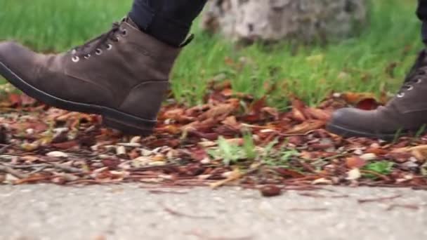 A bőrcipős fiatalember egy lehullott levelű ösvényen sétál. Őszi szezon. Outdoor city walk koncepció lassított felvétel. - Felvétel, videó
