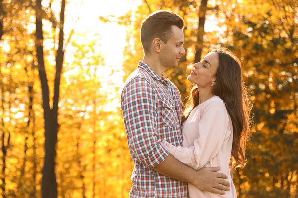 Happy couple in sunny park. Autumn walk - Zdjęcie, obraz