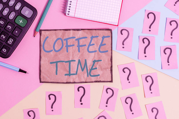 Writing note showing Coffee Time. Business photo showcasing a short period of time in which you stop working to rest Mathematics stuff and writing equipment above pastel colours background. - Photo, Image