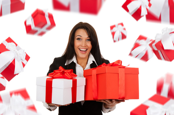 Business woman happy smile hold gift box - 写真・画像