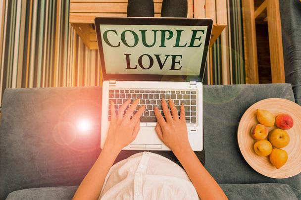 Λέξη που γράφει "Αγάπη ζευγαριών". Επιχειρηματική ιδέα για δύο δείχνει που αγαπούν ο ένας τον άλλον πάρα πολύ Αίσθημα ευχαρίστηση γυναίκα φορητό υπολογιστή γραφείο προμηθεύει τεχνολογικές συσκευές μέσα στο σπίτι. - Φωτογραφία, εικόνα