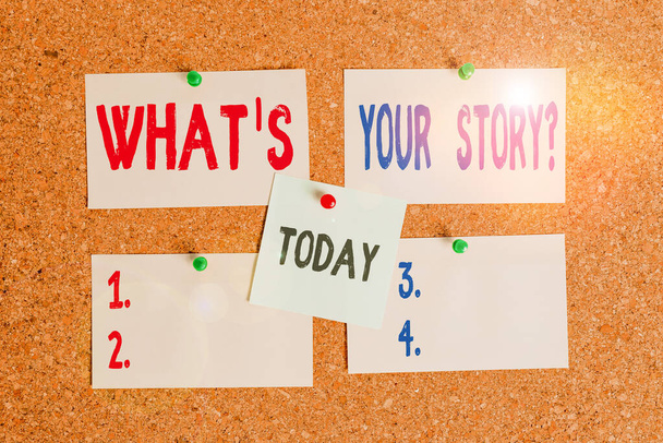 Text sign showing What S Is Your Storyquestion. Conceptual photo analysisner of asking demonstrating about past life events Corkboard color size paper pin thumbtack tack sheet billboard notice board. - Photo, Image