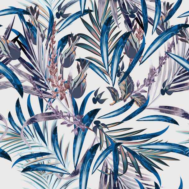  Fashion vector floral pattern with tropical palm leaves and flo - Вектор,изображение