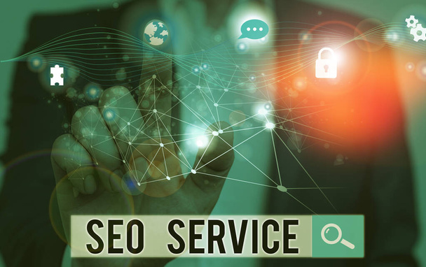 Pisanie tekstu Seo Service. Koncepcja biznesowa dla technik i procedur mających na celu zwiększenie widoczności strony internetowej. - Zdjęcie, obraz
