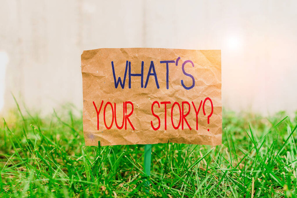 Texte d'écriture de mot Qu'est-ce que S est votre Storyquestion. Concept d'entreprise pour analyseur de demander la démonstration sur les événements de la vie passée Papier froissé attaché à un bâton et placé dans la terre herbeuse verte
. - Photo, image