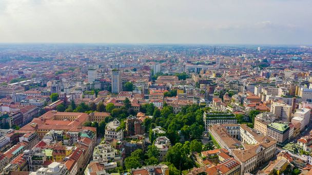 Milan, Italy. Roofs of the city aerial view. Cloudy weather, Aerial View  - Photo, Image
