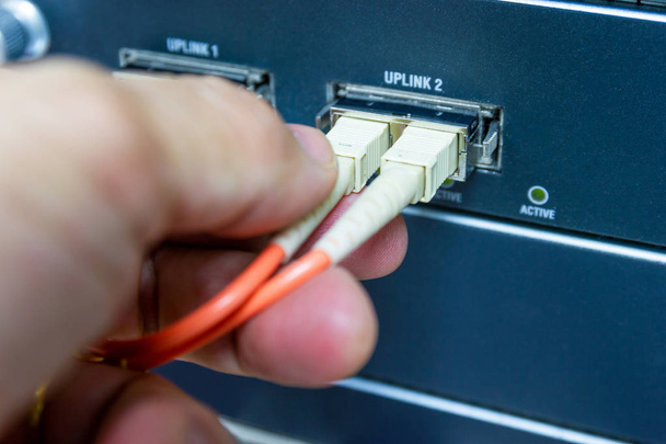 Technik podłączyć światłowodową sieć kablową do przełączania portu na serwerze  - Zdjęcie, obraz