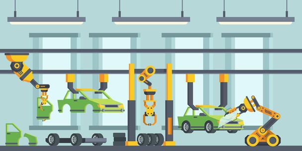 Modern cars manufacturing process flat vector illustration - Vector, Image