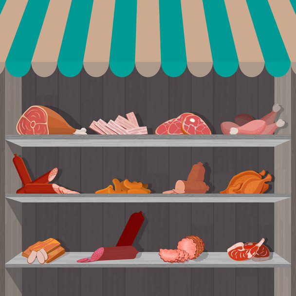 Shopping stands with meat products. Supermarket shelves with sausages and c chicken drumsticks, ham and bacon - Vector, Image