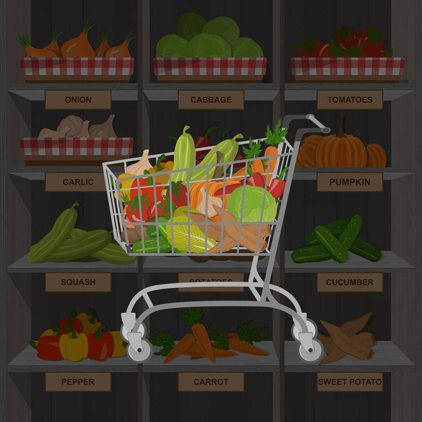 Shopping cart with different goods such as fruits and vegetables. Vegan concept - Vector, Image