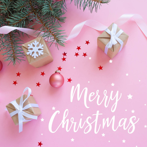 Christmas holidays composition on pink background with lettering Merry Christmas - Foto, immagini