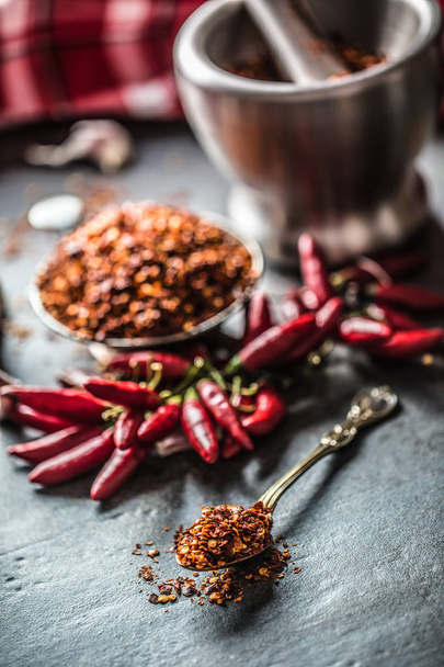 Dried ground chili on spoon close up - Foto, afbeelding