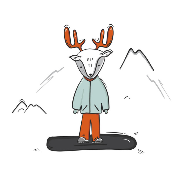 Cervo infantile sullo schizzo invernale del fumetto dello snowboard. Stampa sci polare creativa Tessuto per bambini in stile scandinavo natalizio per tessuto, involucro, tessile, carta da parati, abbigliamento. Illustrazione vettoriale
 - Vettoriali, immagini