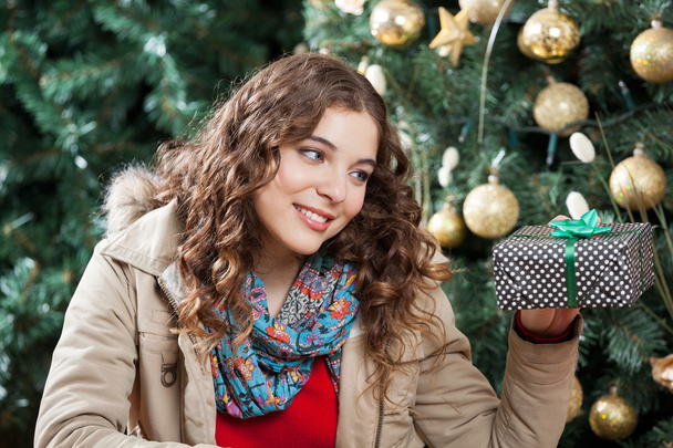 Woman Looking At Present Against Christmas Tree - Foto, Bild