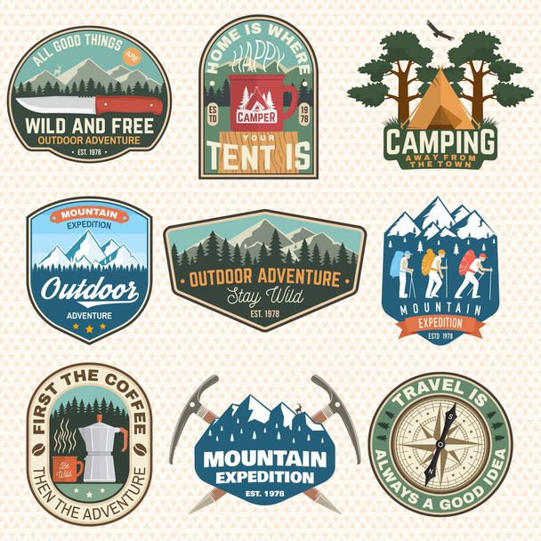 Mountain expedition and outdoor adventure badges. Vector. Concept for badge, patch, shirt, print, stamp or tee. Design for hiking emblems, mountains emblem badges, outdoors hill travel - Vector, Image