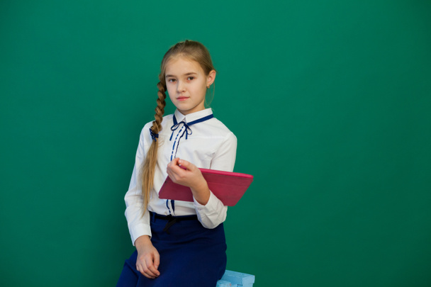 schoolgirl with internet tablet in class at green board - Fotoğraf, Görsel