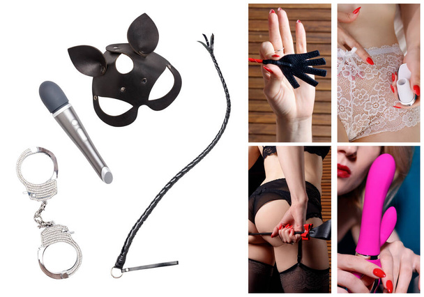 Collage of objects for bdsm sexual plays and sexual woman. - Photo, Image