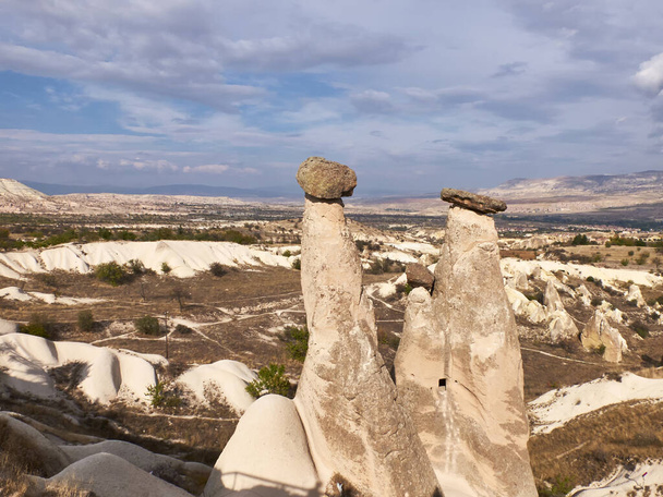 Fairy chimneys rocks at the valley near Urgup, Cappadocia, Turkey - Zdjęcie, obraz
