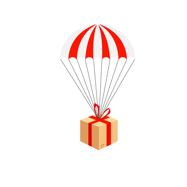 Bezorgservice. Parachute pakketbezorging samenstelling. Parachute met pakket, geschenk in de lucht. - Vector, afbeelding