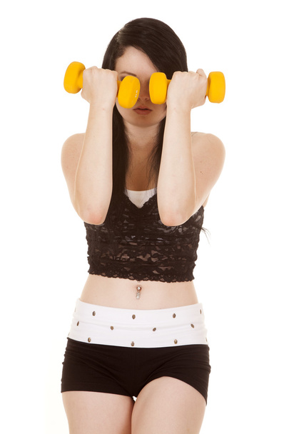 woman yellow weights lace cover eyes - 写真・画像