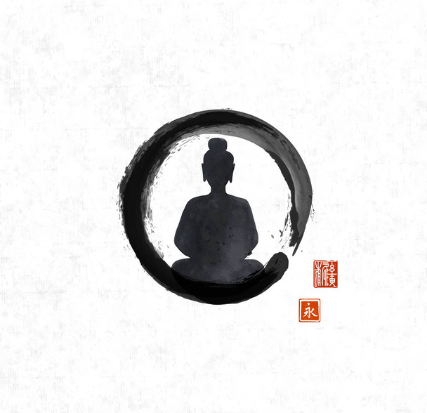 Silueta de Buda meditando en círculo zen enso negro sobre arroz
 - Vector, imagen