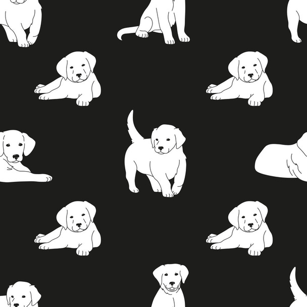 cute white puppies black thin lines silhouettes on black background seamless pattern, cartoon drawing adorable pets, editable vector illustration for fabric, textile, decoration - ベクター画像