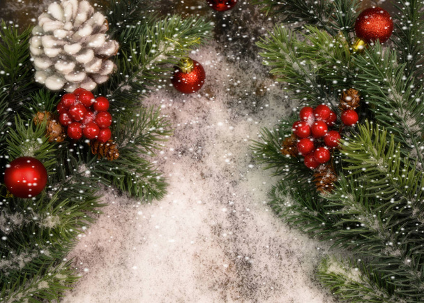 モミの小枝、赤い果実、コーンとクリスマスの背景 - 写真・画像