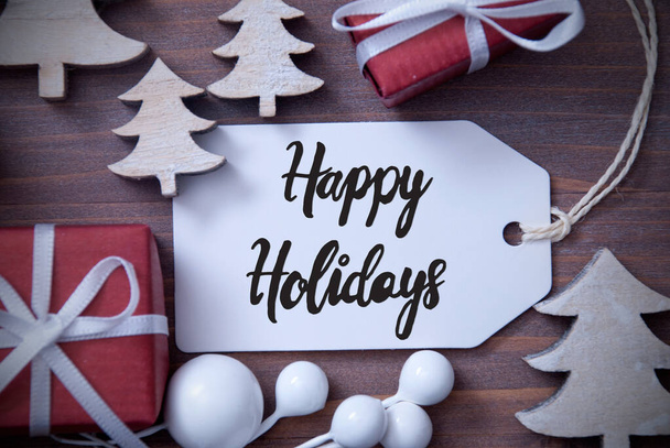 Gifts, Tree, Decoration, Label With Happy Holidays - Zdjęcie, obraz
