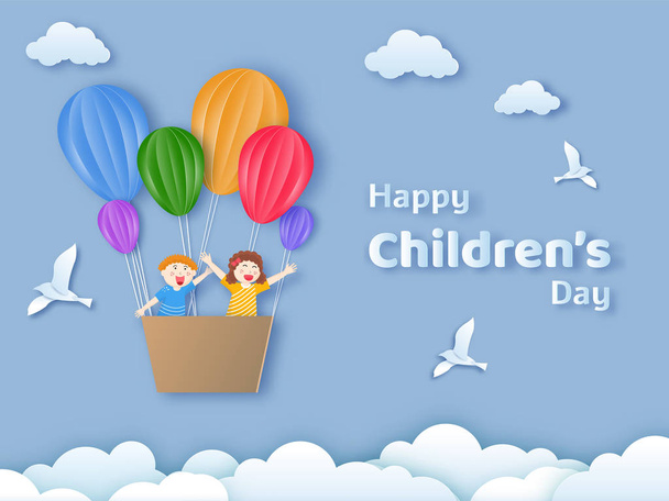 Happy Children's Day text with happy kids flying from hot air ba - Vektor, kép
