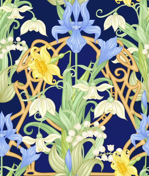 Spring flowers seamless pattern, background. - Vektör, Görsel