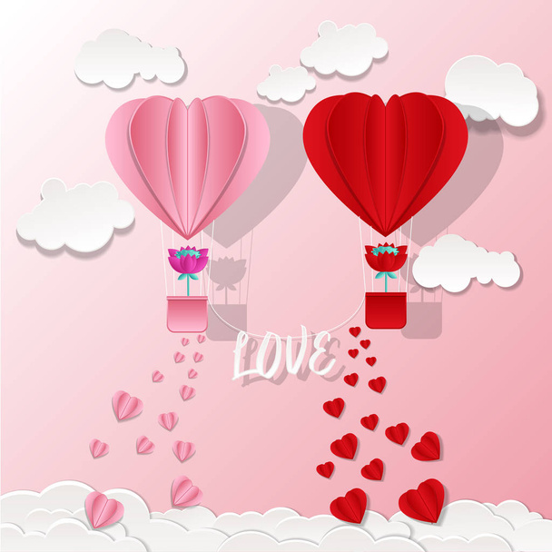 Valentinstag Hintergrund mit herzförmigen Heißluftballon fliegen durch die Wolken. Romantische Papierkunst und Vektorillustration im Origami-Stil - Vektor, Bild