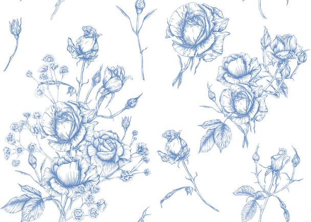  roses and spring flowers. Graphic drawing,  - Vektör, Görsel