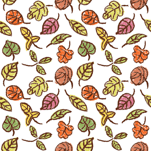 Crayon hand drawing colorful soft color autumn leaves seamless pattern. Fall set on white background. Like child hand drawn flat doodle simple vector style. Pastel chalk or pencil kids painting - Vektor, Bild