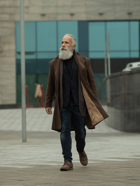 Handsome confident mature man with beard stands in coat on street with copy space for your text message or advertising, fashionable rich male dressed in expensive clothes posing outdoors. - Φωτογραφία, εικόνα