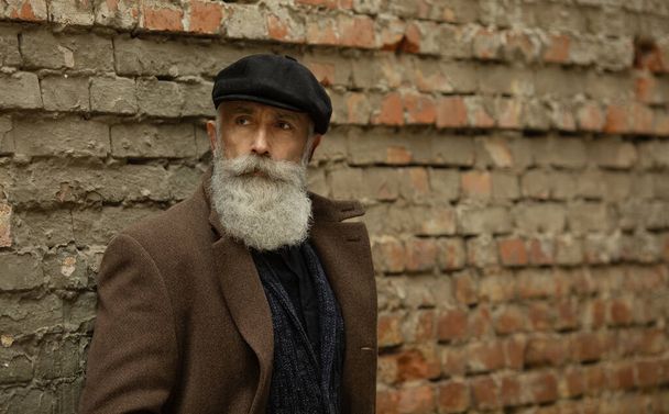 Portrait of handsome mature man, outdoors. Old man with a grey beard. Fashion look. - Zdjęcie, obraz