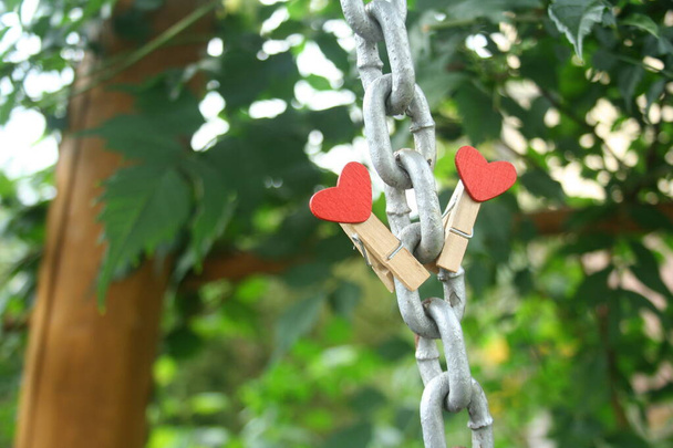 Een grijze ketting met twee wasknijpers eraan. Groene wazige achtergrond in de tuin. Een symbool van liefde voor Valentijnsdag. - Foto, afbeelding