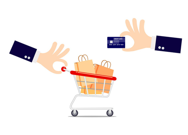 Hand holding a credit card with shopping cart isolated on white background. - Vector, Image
