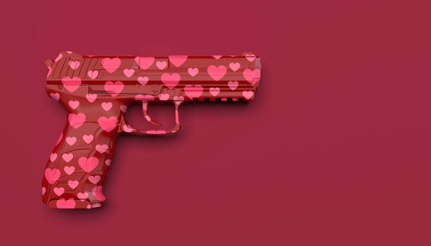 Czerwony wzór pistoletu z różowymi sercami na czerwonym tle. Kreatywna konceptualna ilustracja z przestrzenią kopiującą. 3d renderowanie - Zdjęcie, obraz