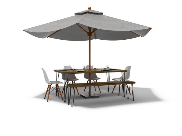 Biały parasol dla restauracji na centralne wsparcie ze stołem 3d r - Zdjęcie, obraz